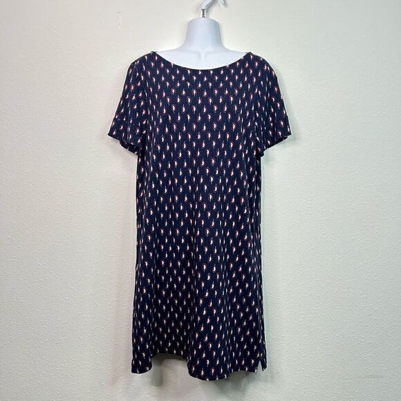 Boden Navy Blue Short Sleeve Boat Neck Cotton Printed Shift Dress Size US 14 R - Picture 1 of 11